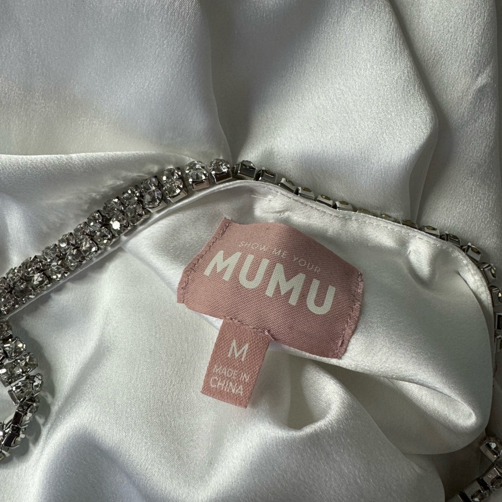 Show Me Your MuMu White Satin Mini Dress with Rhinestone Straps - Picture 8 of 10